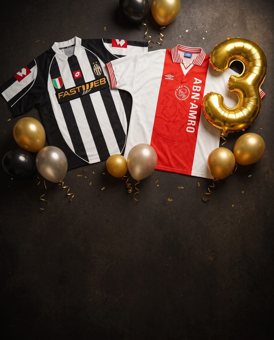Retro football shirts and gold balloons for 3 years of First11